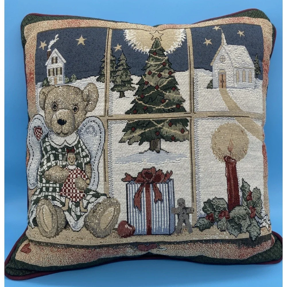 Christmas Tapestry Decorative Accent Square Throw Pillow Bear Angel 15x15